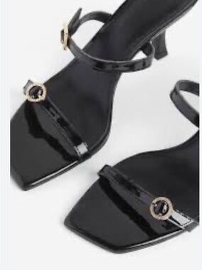 H&M Black Patent Strappy Mid-Heel Sandals with Gold Buckle